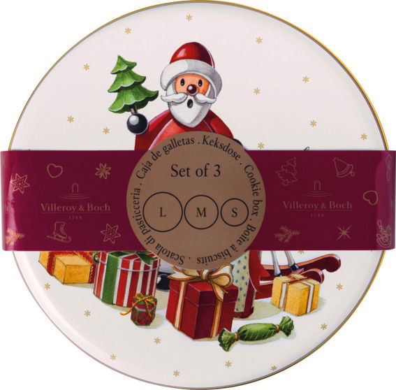 Runde Keksdose mit Weihnachtsmann-Motiv, umgeben von Geschenken, aus der Vogelperspektive fotografiert.
