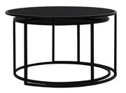 Moderner Couchtisch im Set, bestehend aus zwei runden Tischen in schwarzem Metall, übereinander gestapelt. Seitenansicht.