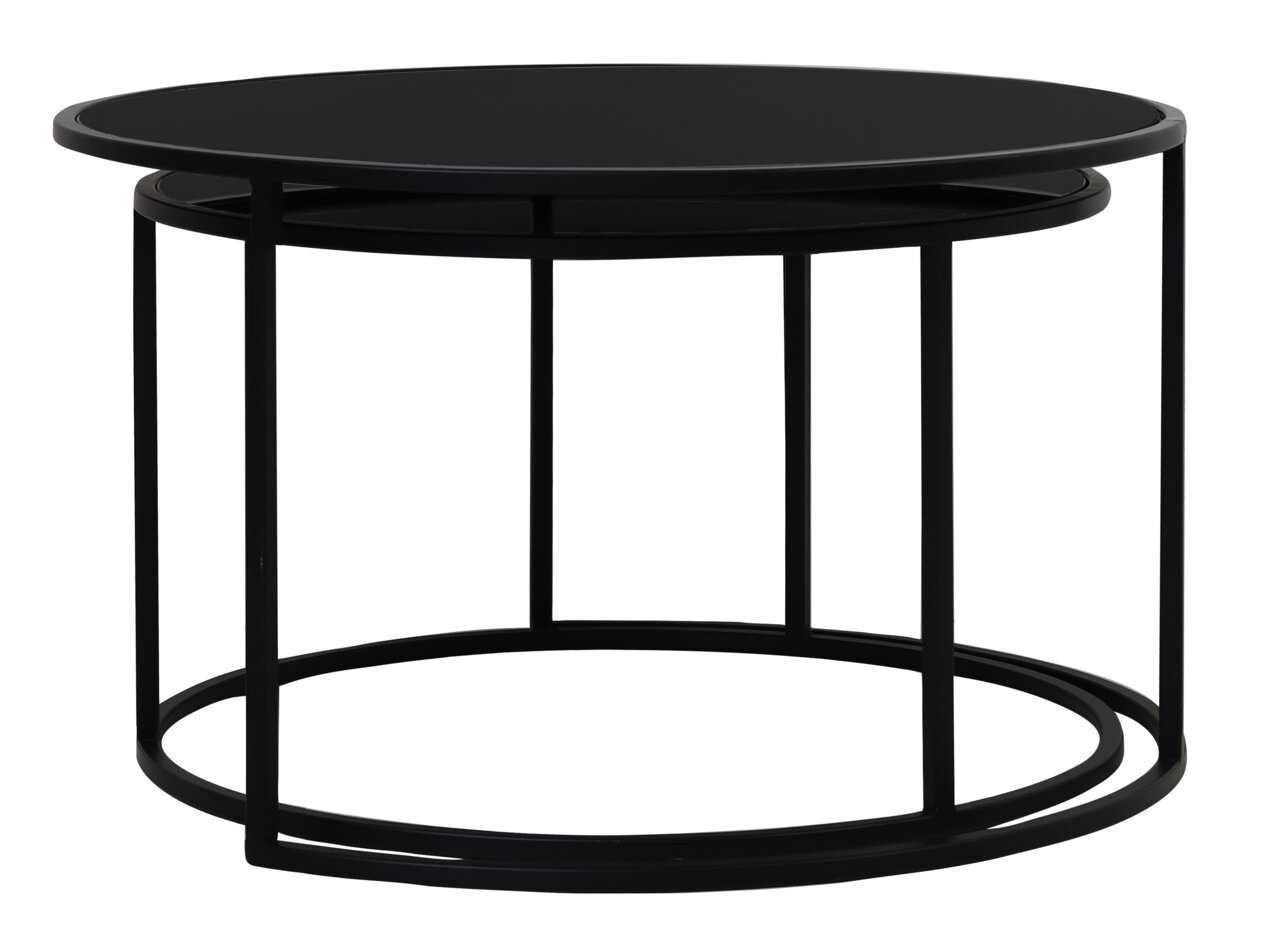 Moderner Couchtisch im Set, bestehend aus zwei runden Tischen in schwarzem Metall, übereinander gestapelt. Seitenansicht.