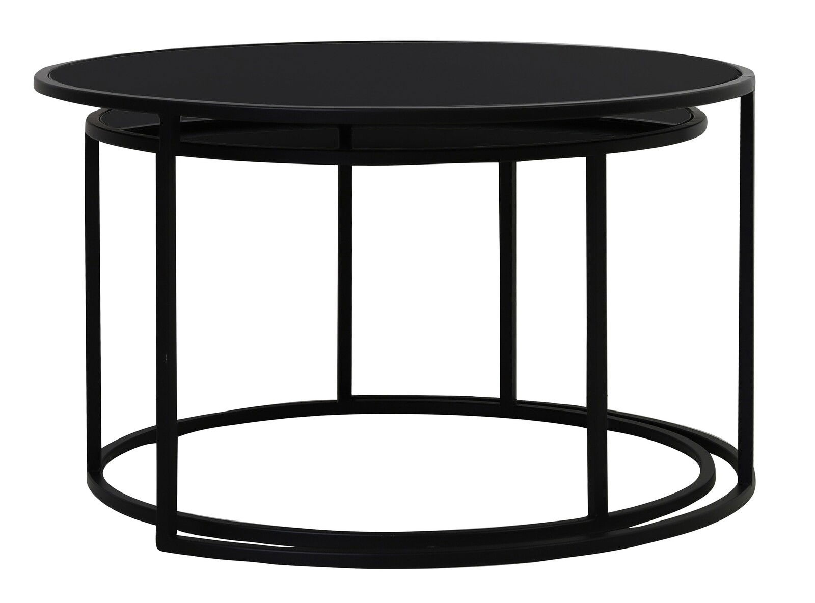 Moderner Couchtisch im Set, bestehend aus zwei runden Tischen in schwarzem Metall, übereinander gestapelt. Seitenansicht.