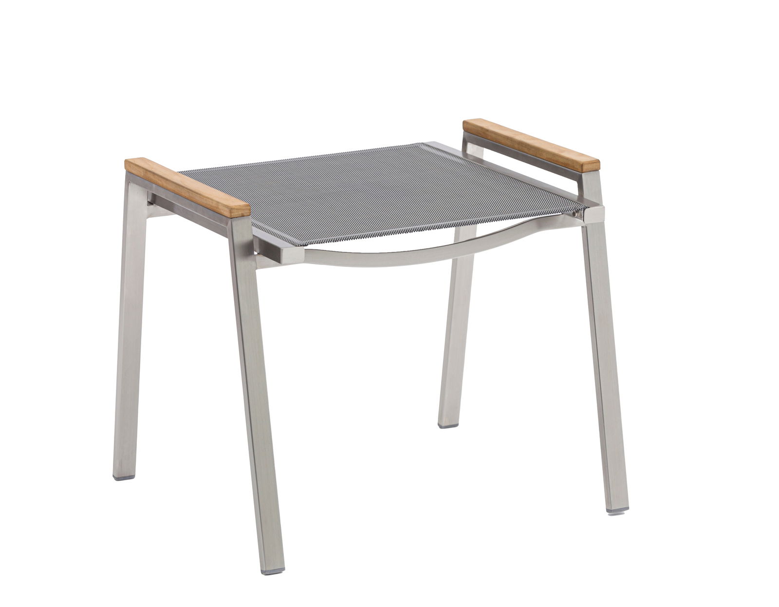 Moderner Hocker aus Metall mit Holzdetails, seitliche Perspektive