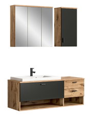 Moderne Badkombination mit Holz- und Spiegelelementen, bestehend aus einem Waschtisch mit schwarzem Waschbeckenunterschrank und Schubladen sowie einem Hängeschrank mit Spiegeltüren, aus der Frontalperspektive.