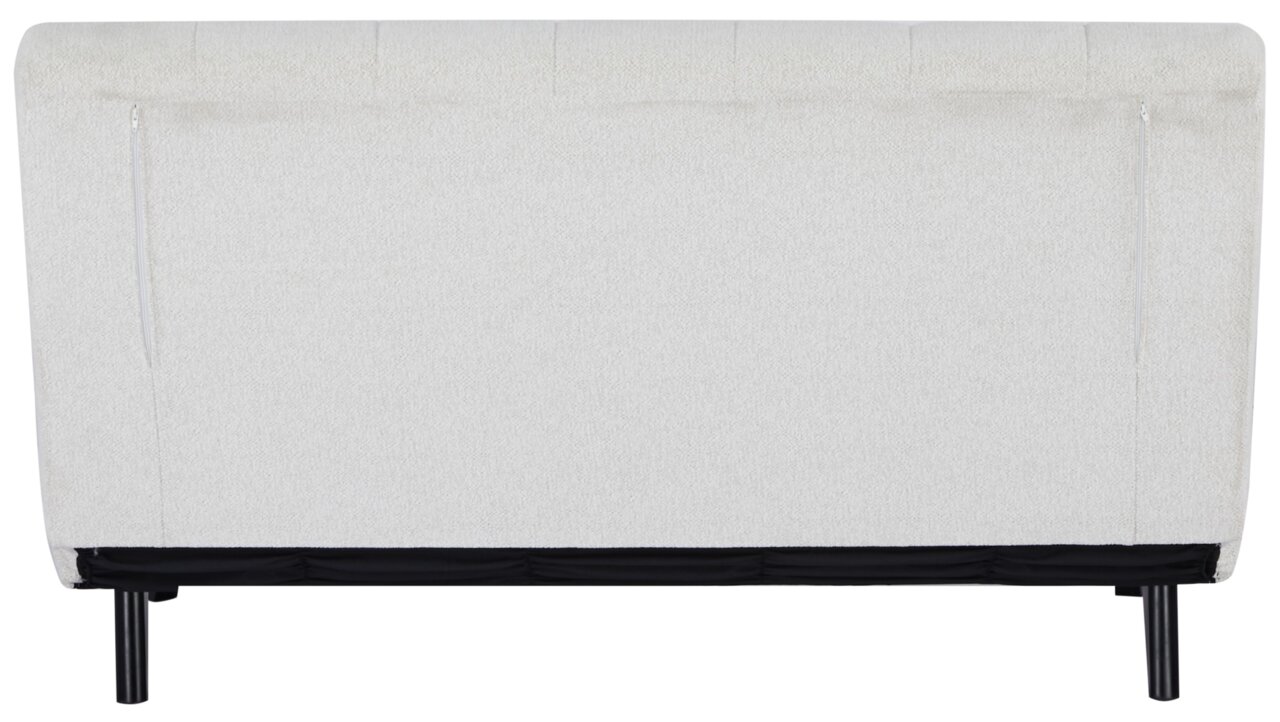 Rückansicht eines weißen Funktionssofas mit schwarzen Beinen und sichtbaren Reißverschlüssen.