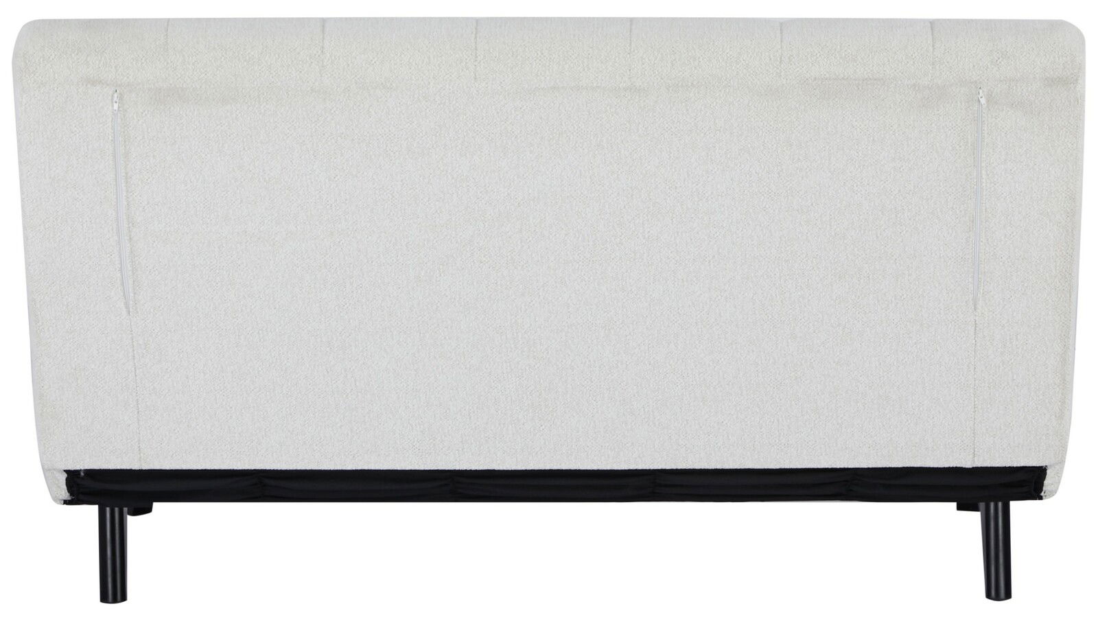 Rückansicht eines weißen Funktionssofas mit schwarzen Beinen und sichtbaren Reißverschlüssen.