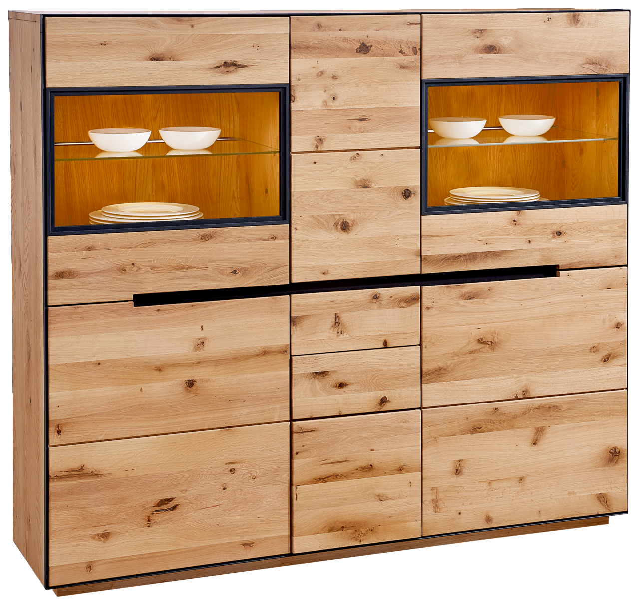 Hochwertiges Highboard aus Holz mit Beleuchtung, zwei Glastüren und mehreren Schubladen, frontale Ansicht