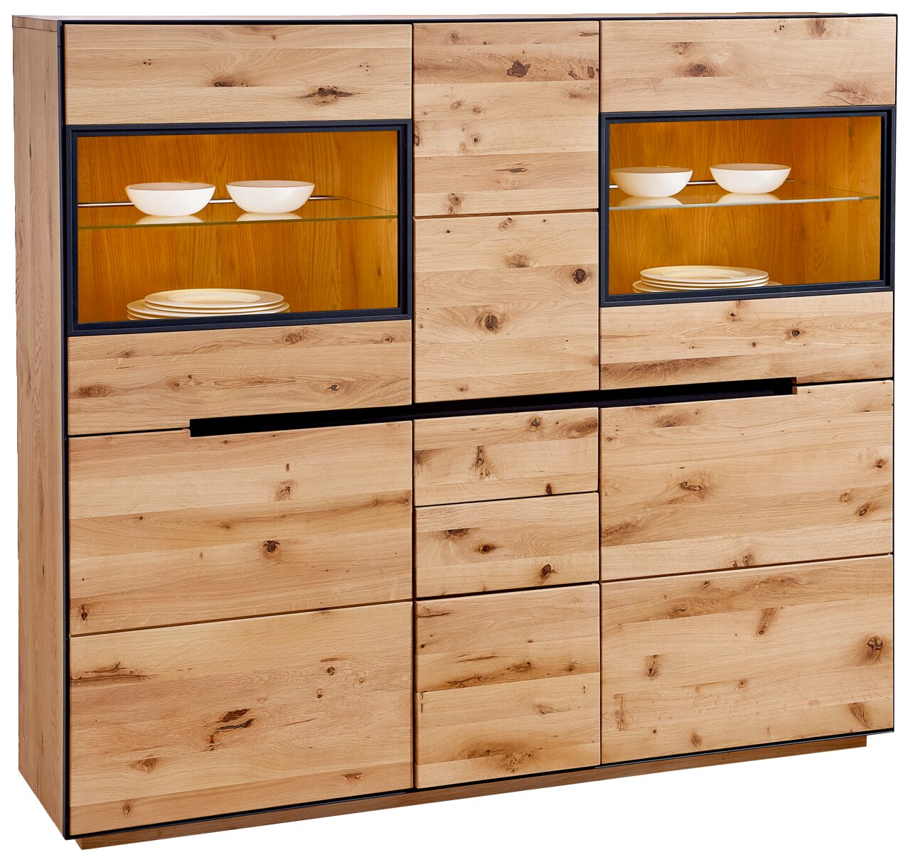 Linea Natura Hoogkast met verlichting KELIO Hochwertiges Highboard aus Holz mit Beleuchtung, zwei Glastüren und mehreren Schubladen, frontale Ansicht