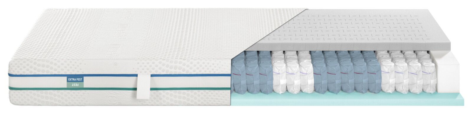 Querschnitt einer Matratze 90x200 cm, fest/extra fest, mit sichtbaren Schichten aus Schaumstoff und Taschenfedern.
