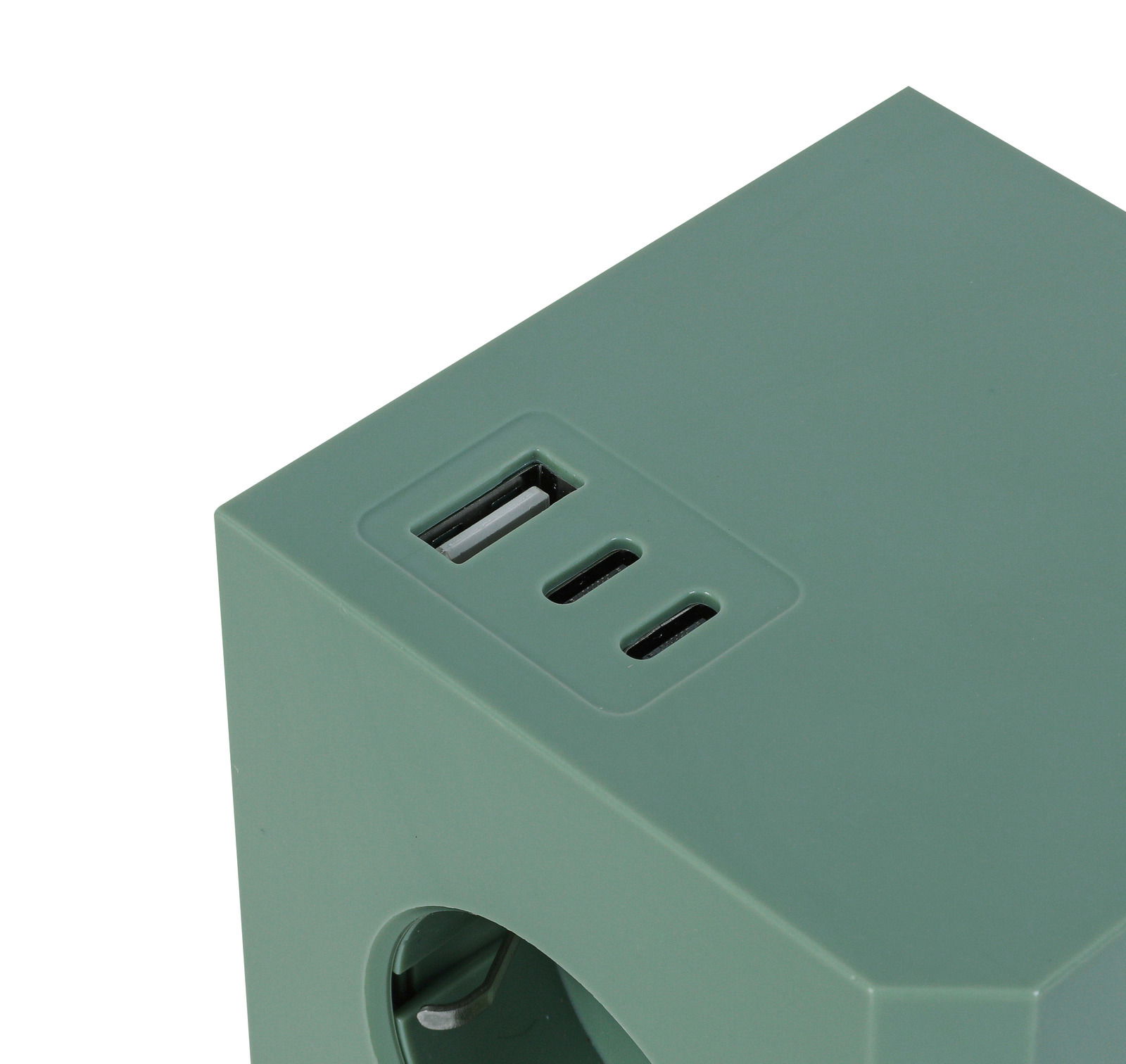 Grüner Steckdosenwürfel mit USB-Anschlüssen, Ansicht von oben.