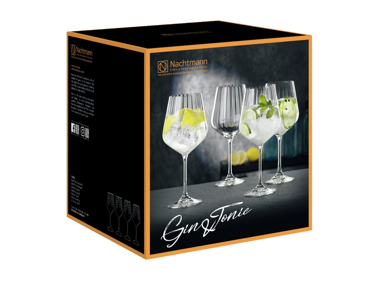 Vier elegante Gin Tonic Gläser in einem Set, präsentiert in einer stilvollen Verpackung mit seitlicher Perspektive.