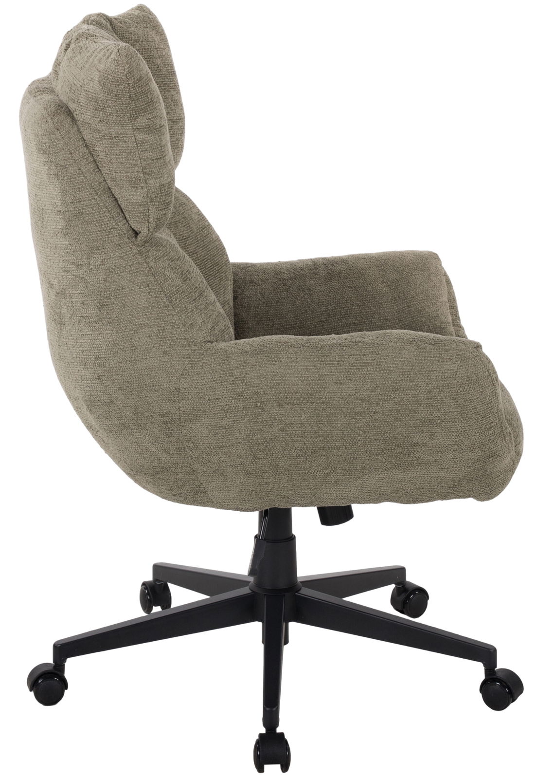 Seitenansicht eines beigen Chefsessels mit gepolstertem Sitz und Rückenlehne auf einem schwarzen Drehfuß mit Rollen.