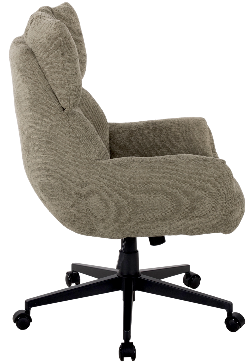 Seitenansicht eines beigen Chefsessels mit gepolstertem Sitz und Rückenlehne auf einem schwarzen Drehfuß mit Rollen.