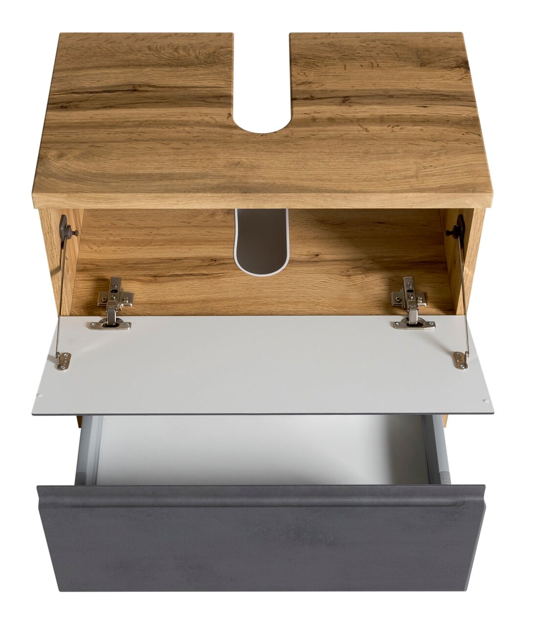 Waschbeckenunterschrank aus Holz mit geöffneter Schublade und Klappe, Ansicht von oben