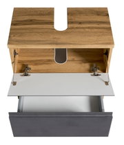 Waschbeckenunterschrank aus Holz mit geöffneter Schublade und Klappe, Ansicht von oben