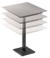 Moderner höhenverstellbarer Esstisch mit quadratischer Tischplatte, seitliche Perspektive