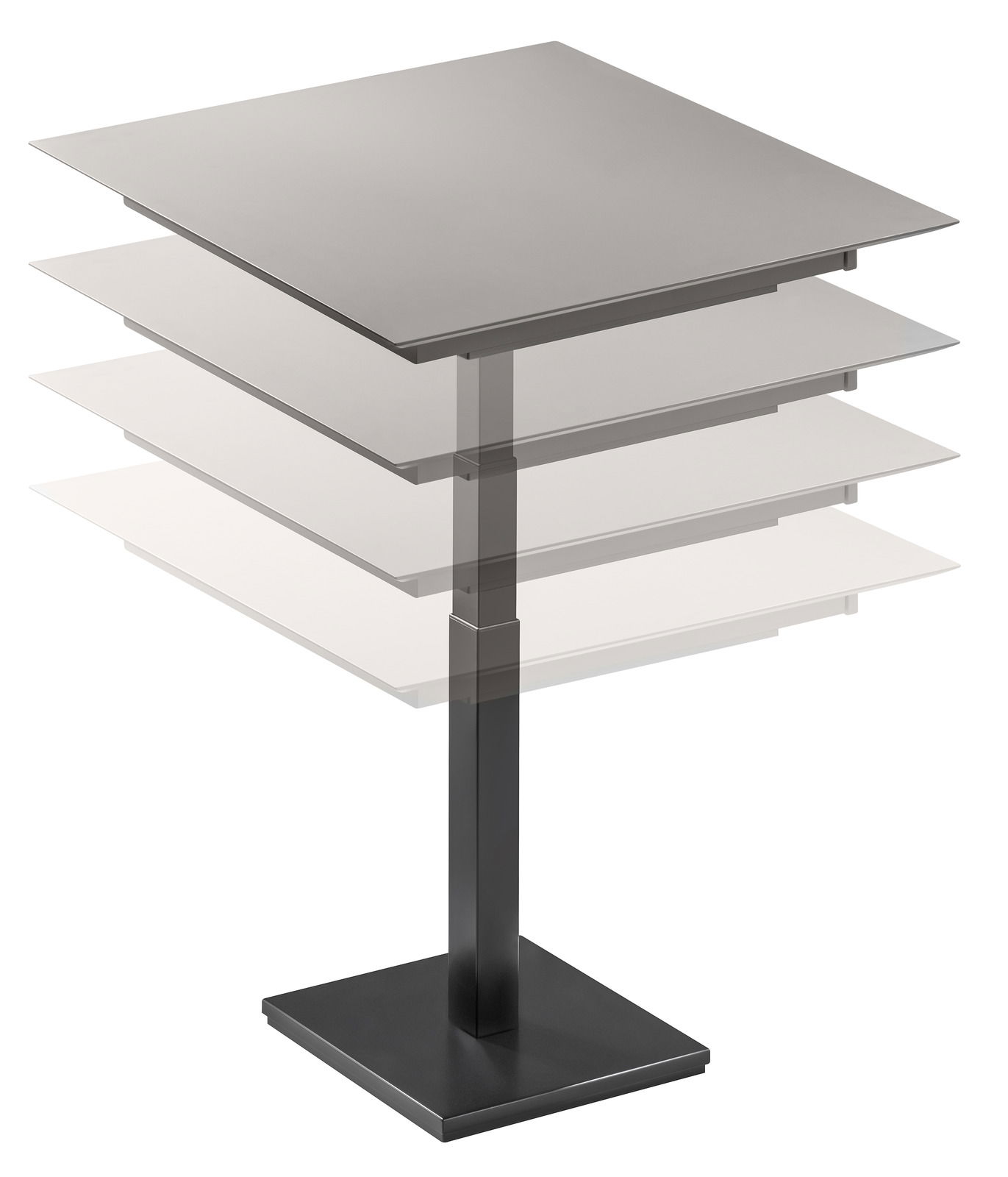 Moderner höhenverstellbarer Esstisch mit quadratischer Tischplatte, seitliche Perspektive