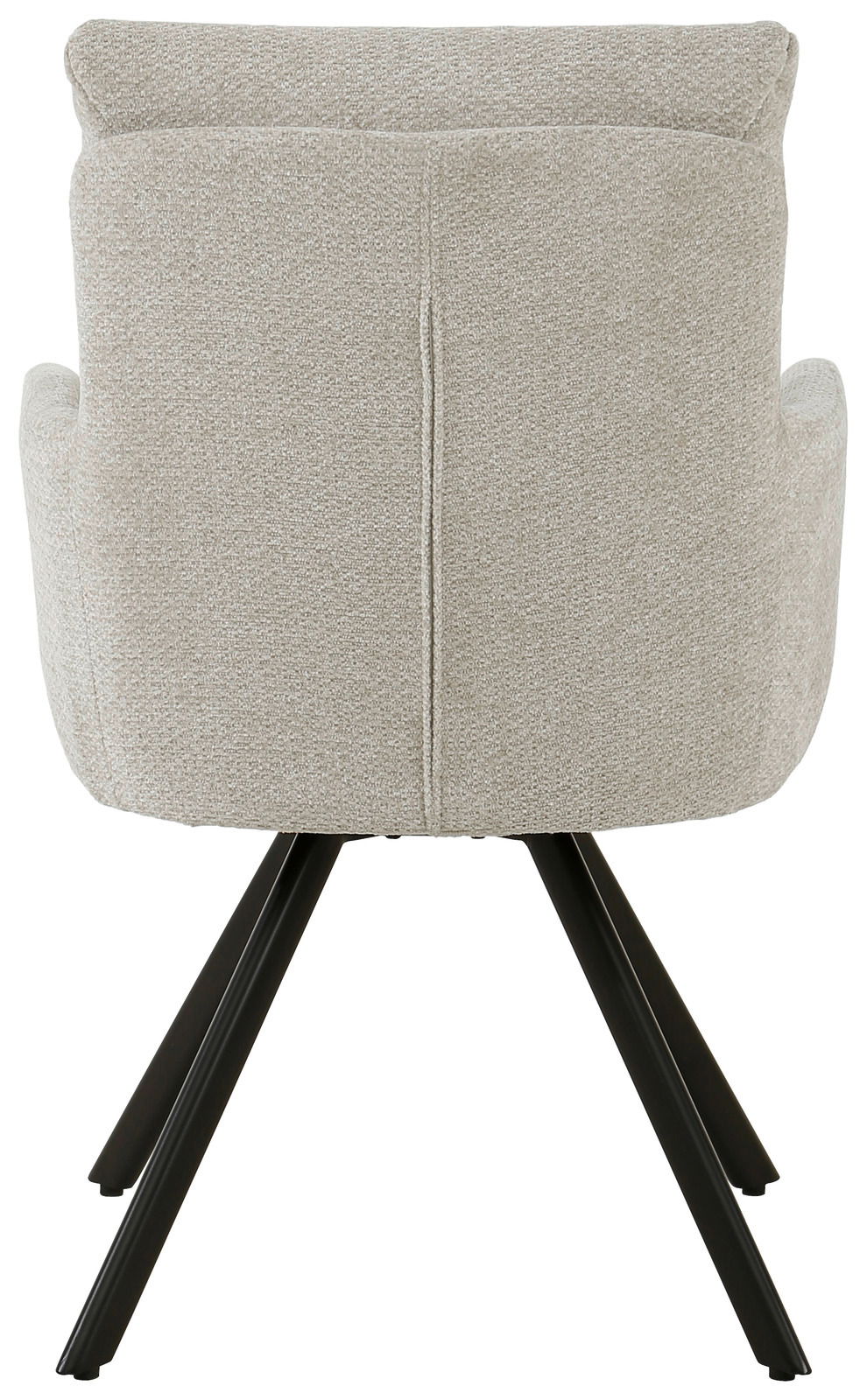 Rückansicht eines beigen Armlehnstuhls mit schwarzen Metallbeinen, Modell THORSTEN.