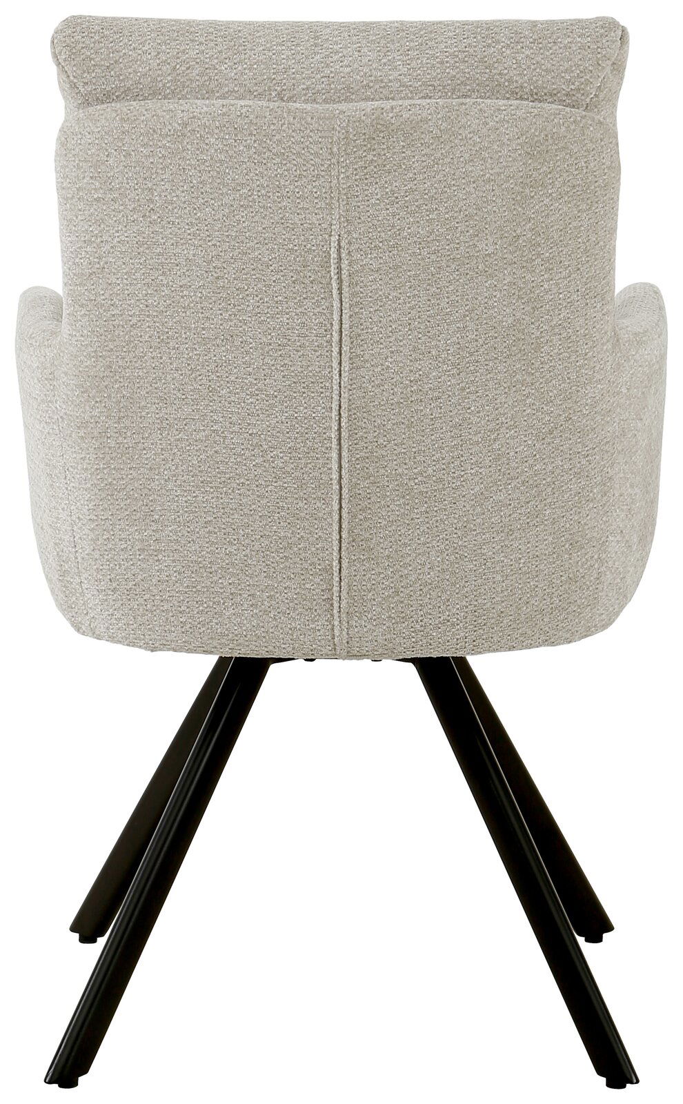 Rückansicht eines beigen Armlehnstuhls mit schwarzen Metallbeinen, Modell THORSTEN.