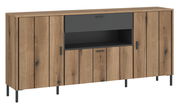 Modernes Sideboard aus Holz mit dunklen Akzenten, frontal betrachtet