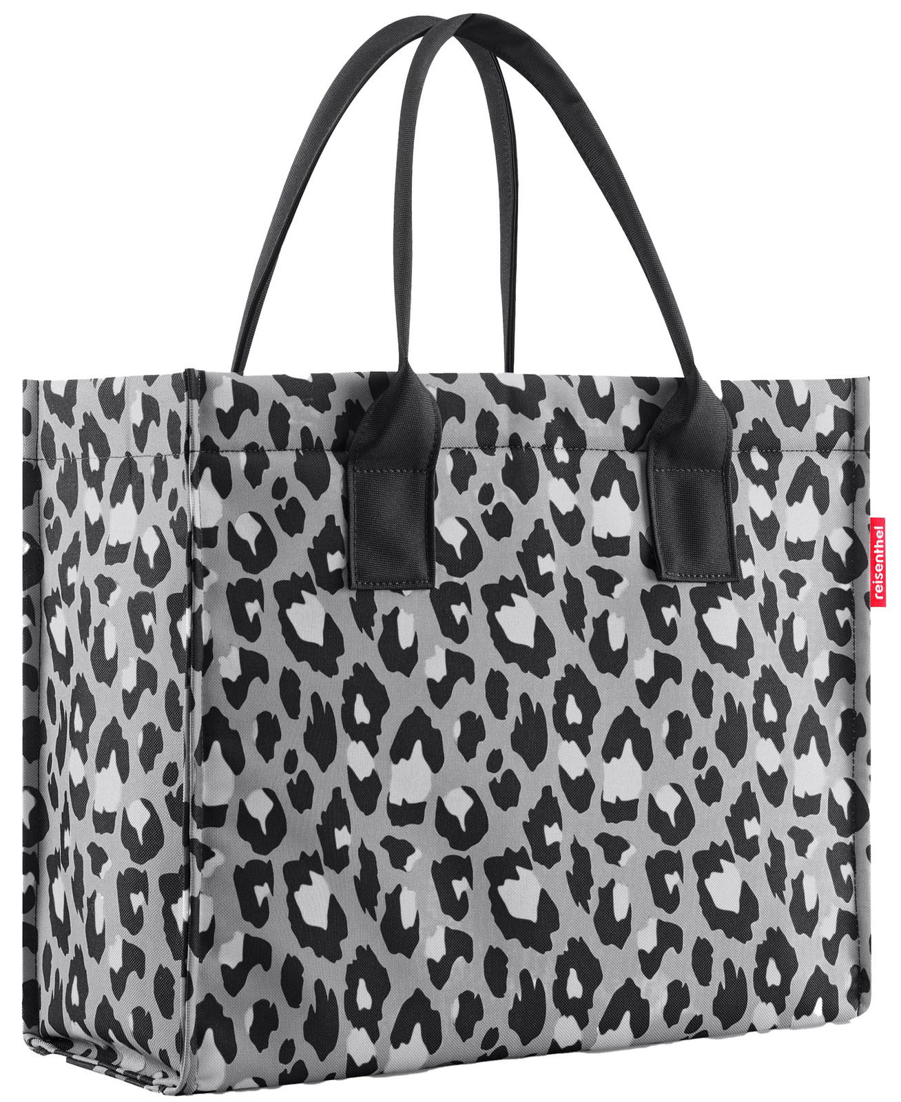 Schwarze und graue Einkaufstasche mit Leopardenmuster, seitliche Perspektive