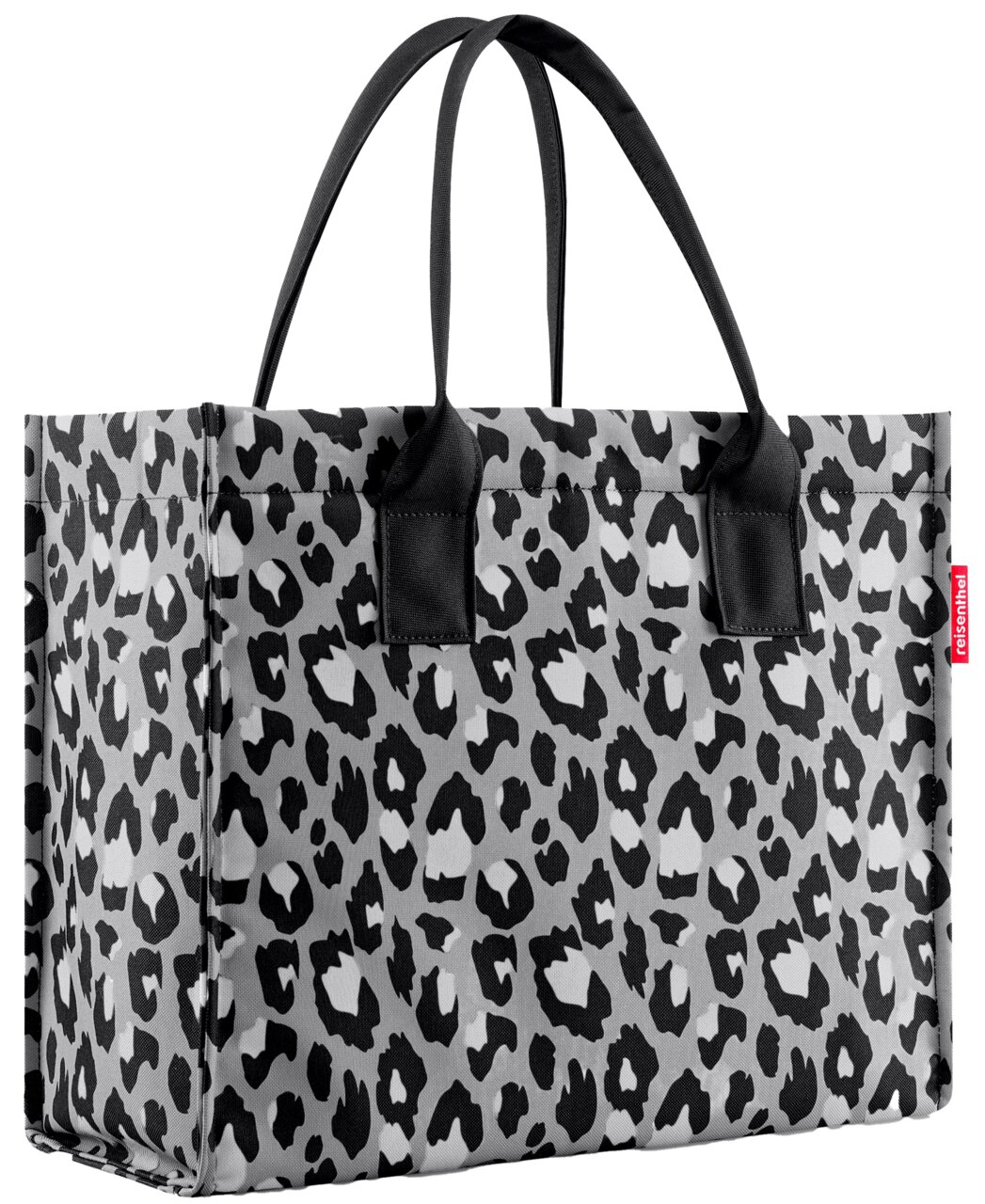 Schwarze und graue Einkaufstasche mit Leopardenmuster, seitliche Perspektive