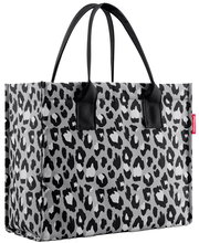 Schwarze und graue Einkaufstasche mit Leopardenmuster, seitliche Perspektive