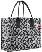 Schwarze und graue Einkaufstasche mit Leopardenmuster, seitliche Perspektive