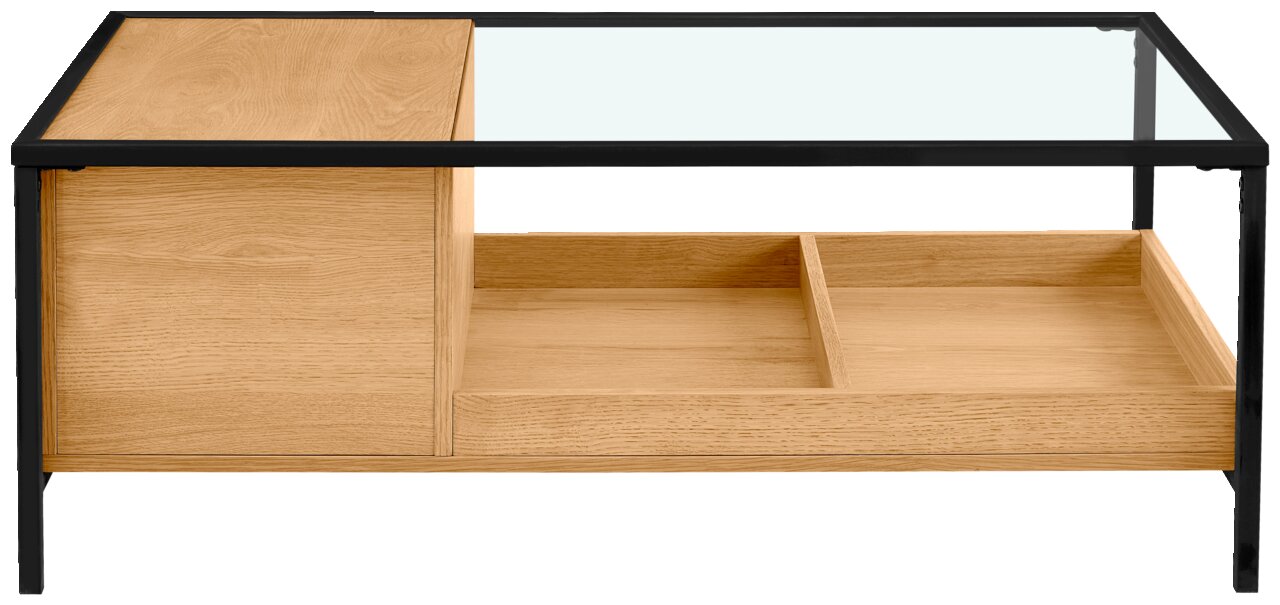 Moderner Couchtisch aus Holz mit Glasplatte und schwarzem Metallrahmen, seitliche Perspektive