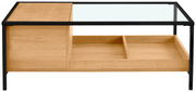 Moderner Couchtisch aus Holz mit Glasplatte und schwarzem Metallrahmen, seitliche Perspektive