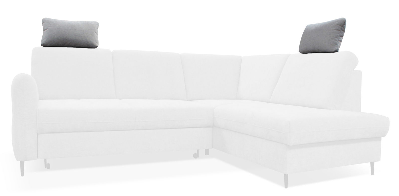 Graue Kopfstütze auf einem weißen Sofa, seitliche Perspektive