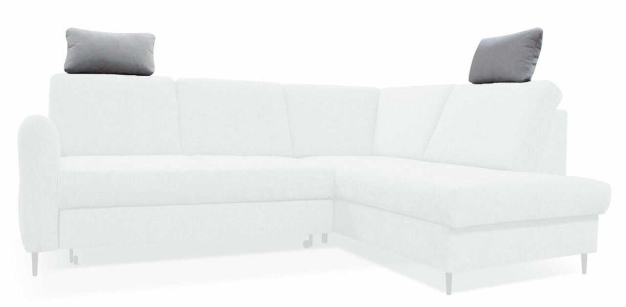 Graue Kopfstütze auf einem weißen Sofa, seitliche Perspektive