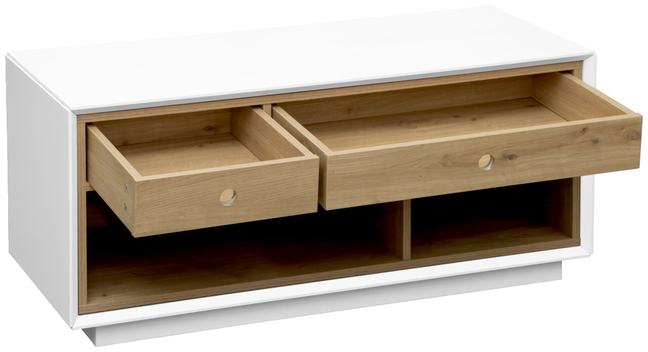 Büroschrank mit zwei offenen Schubladen aus Holz und weißem Korpus, Perspektive von vorne