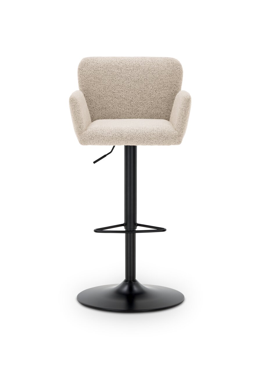 Moderne barkruk met beige stoffen bekleding en zwart metalen frame, vooraanzicht