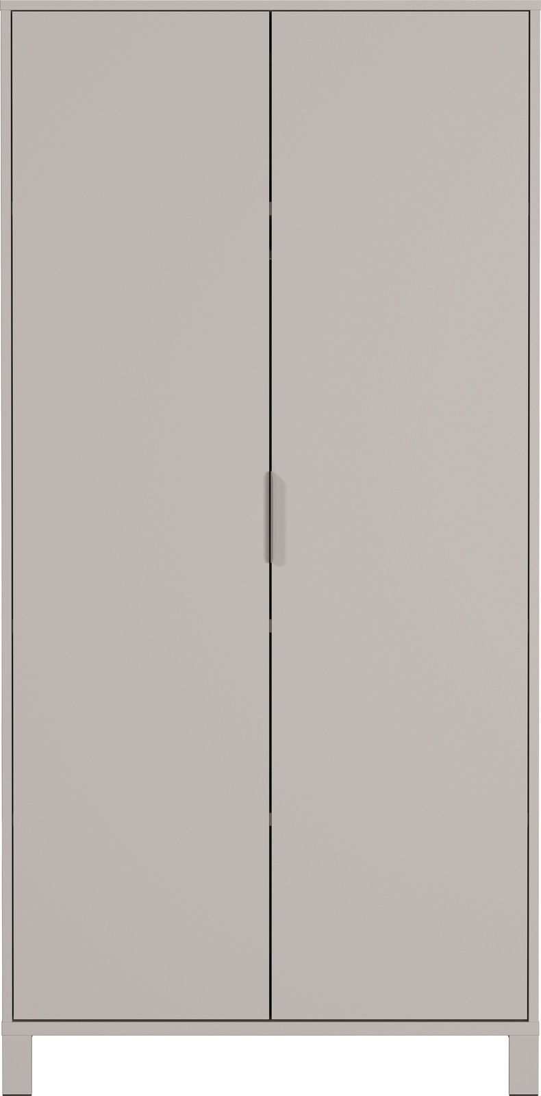 Frontansicht eines schlichten, zweiflügeligen Schranks in neutralem Farbton, ideal für ein Babyzimmer.