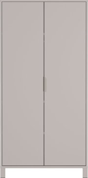 Frontansicht eines schlichten, zweiflügeligen Schranks in neutralem Farbton, ideal für ein Babyzimmer.