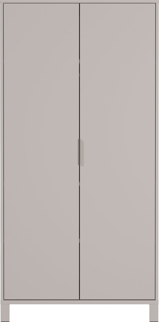Vooraanzicht van een eenvoudige kast met twee deuren in een neutrale kleur, ideaal voor een babykamer.