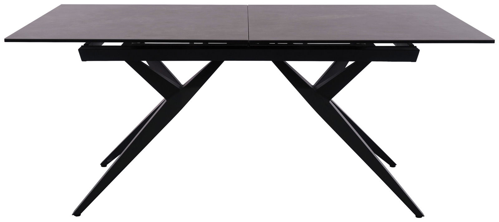Moderner Esstisch mit schwarzer Tischplatte und X-förmigen Beinen, seitliche Perspektive