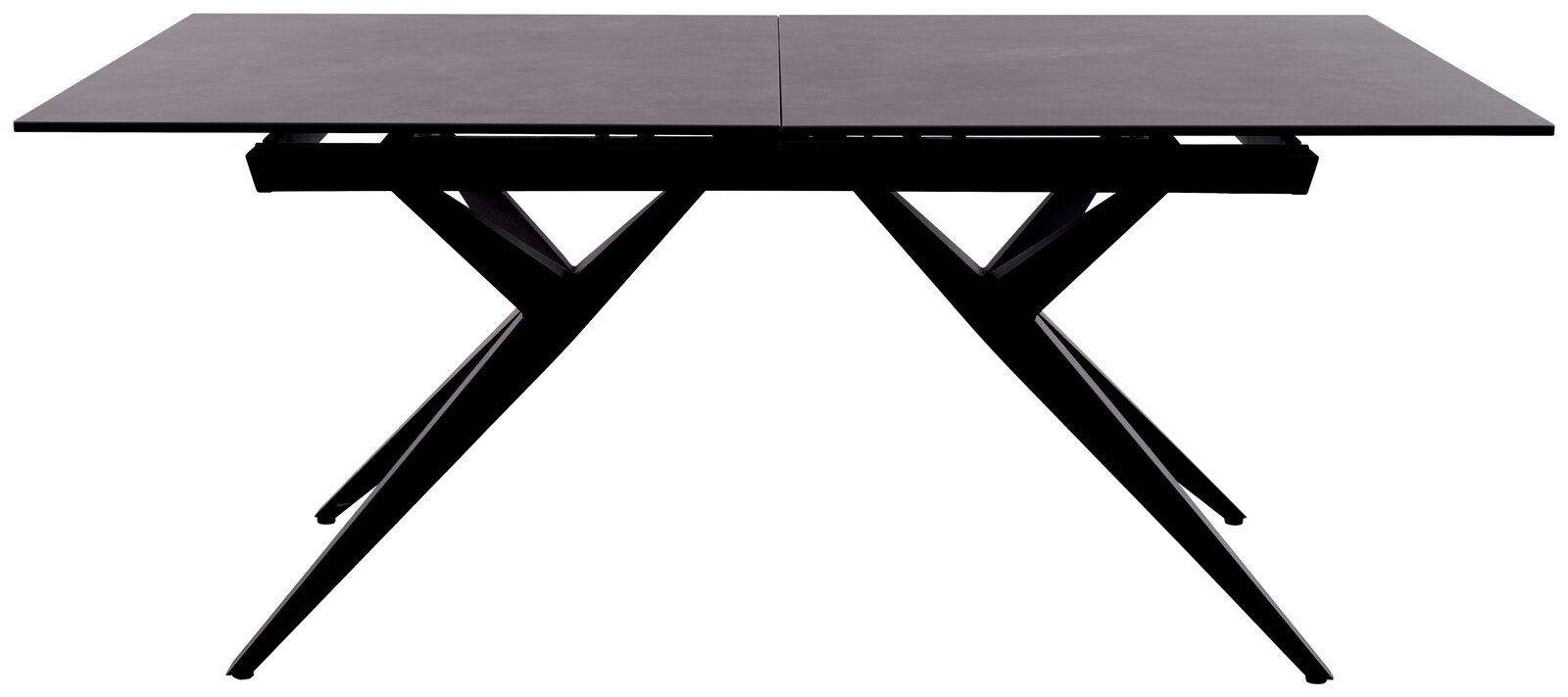 Moderner Esstisch mit schwarzer Tischplatte und X-förmigen Beinen, seitliche Perspektive