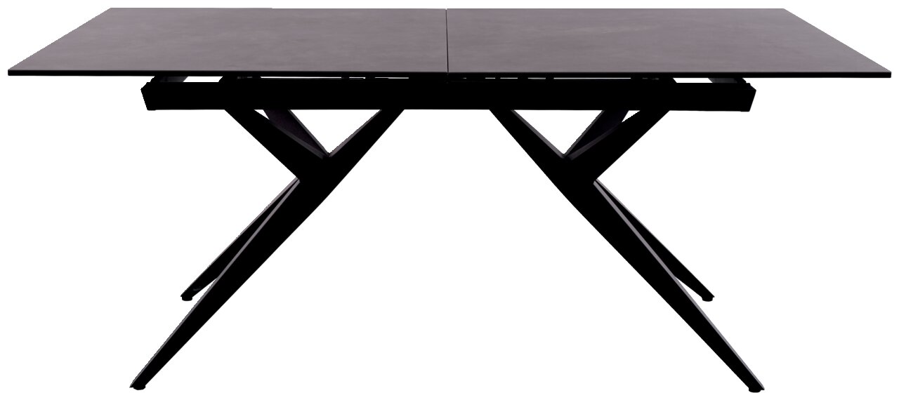Moderner Esstisch mit schwarzer Tischplatte und X-förmigen Beinen, seitliche Perspektive