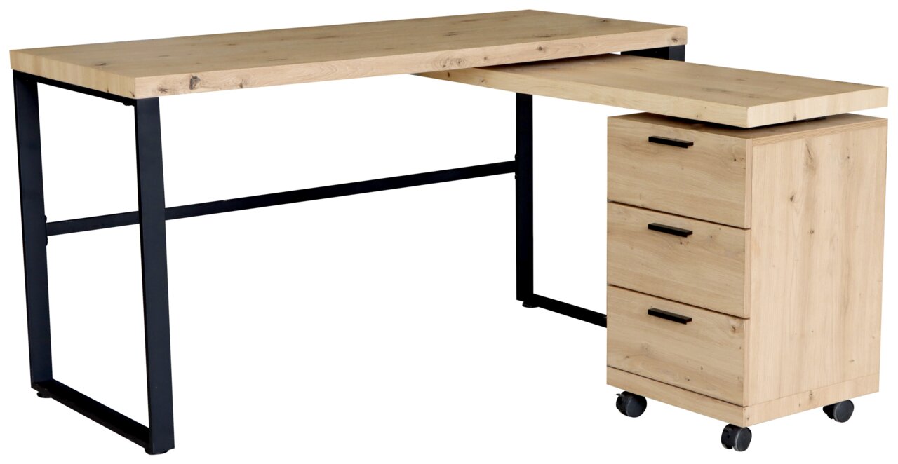 Novel Funktionsschreibtisch MATS Moderner Funktionsschreibtisch aus Holz mit schwarzem Metallgestell, seitlicher Rollcontainer mit drei Schubladen, Perspektive von vorne rechts