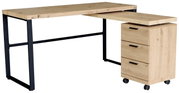 Moderner Funktionsschreibtisch aus Holz mit schwarzem Metallgestell, seitlicher Rollcontainer mit drei Schubladen, Perspektive von vorne rechts