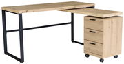 Moderner Funktionsschreibtisch aus Holz mit schwarzem Metallgestell, seitlicher Rollcontainer mit drei Schubladen, Perspektive von vorne rechts