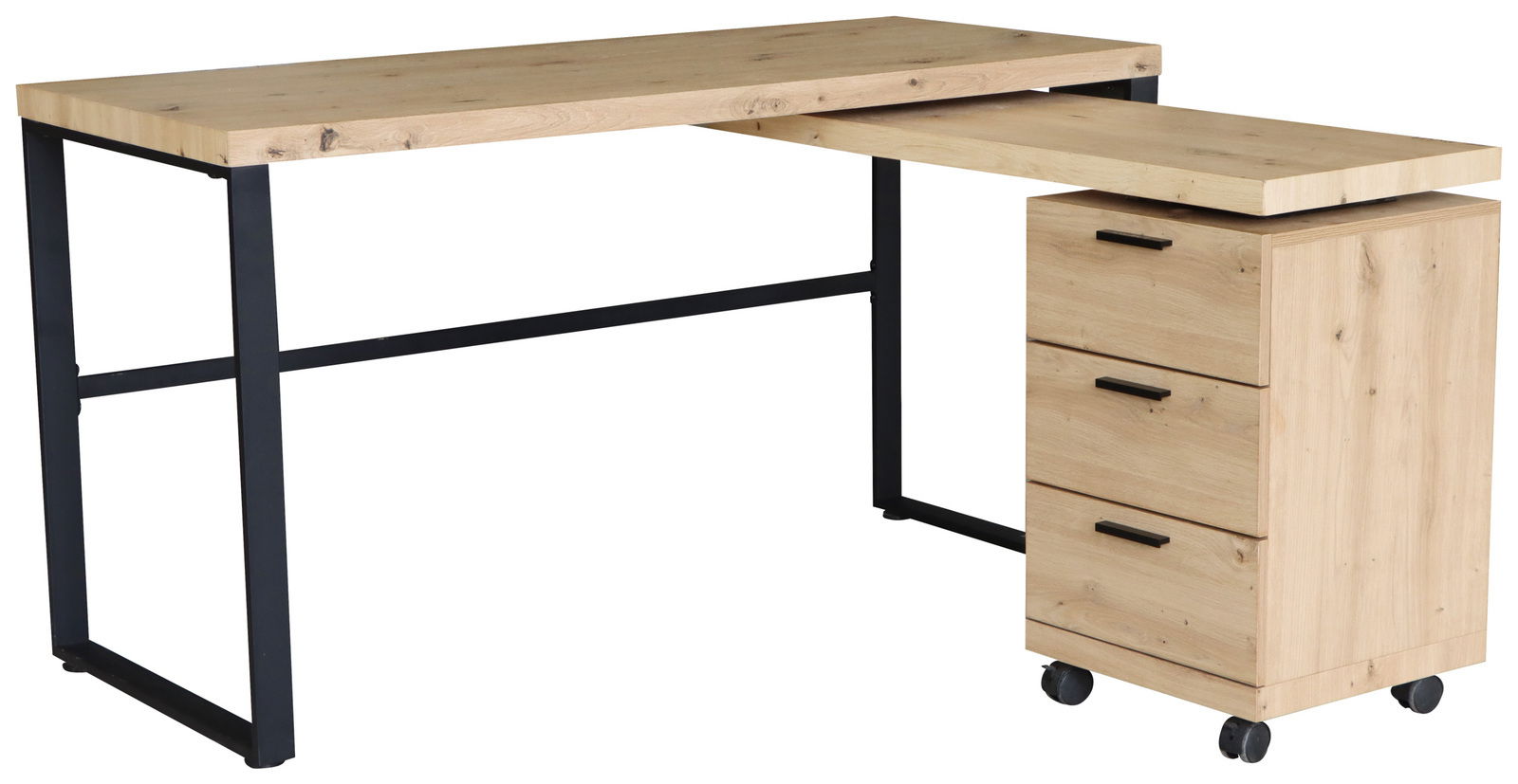Moderner Funktionsschreibtisch aus Holz mit schwarzem Metallgestell, seitlicher Rollcontainer mit drei Schubladen, Perspektive von vorne rechts