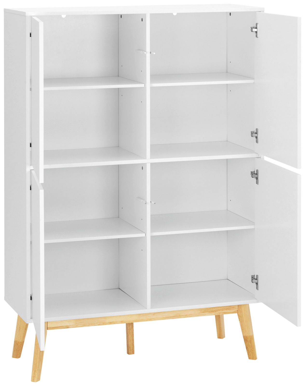 Weißes Highboard mit vier offenen Türen, sechs Fächern und Holzbeinen, frontale Perspektive