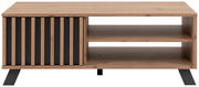 Moderner Couchtisch aus Holz mit schwarzen Akzenten, frontal betrachtet.