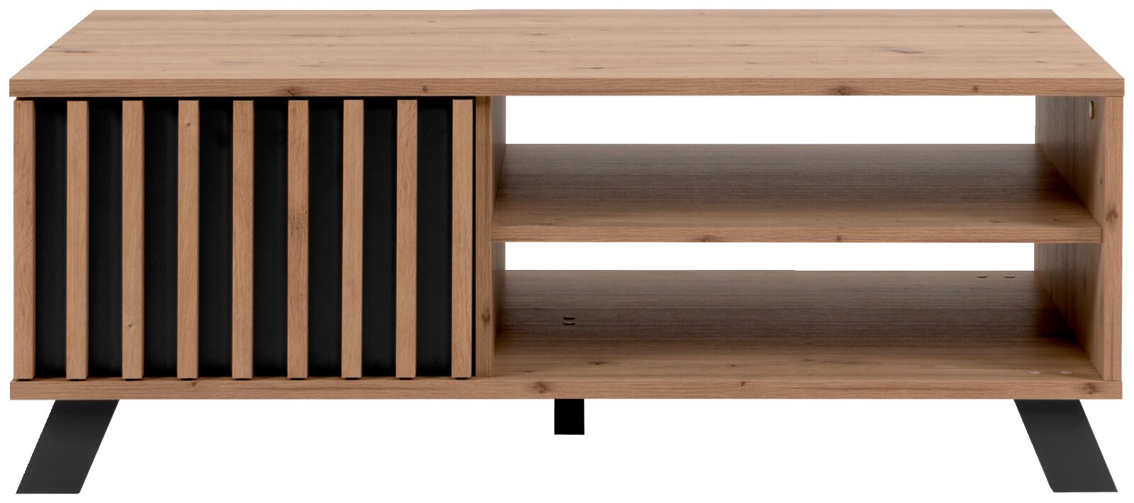 Moderne houten salontafel met zwarte accenten, gezien vanaf de voorkant.