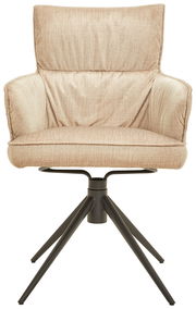 Beiger Armlehnstuhl mit gepolstertem Sitz und Rückenlehne, schwarzes Metallgestell, Frontalansicht