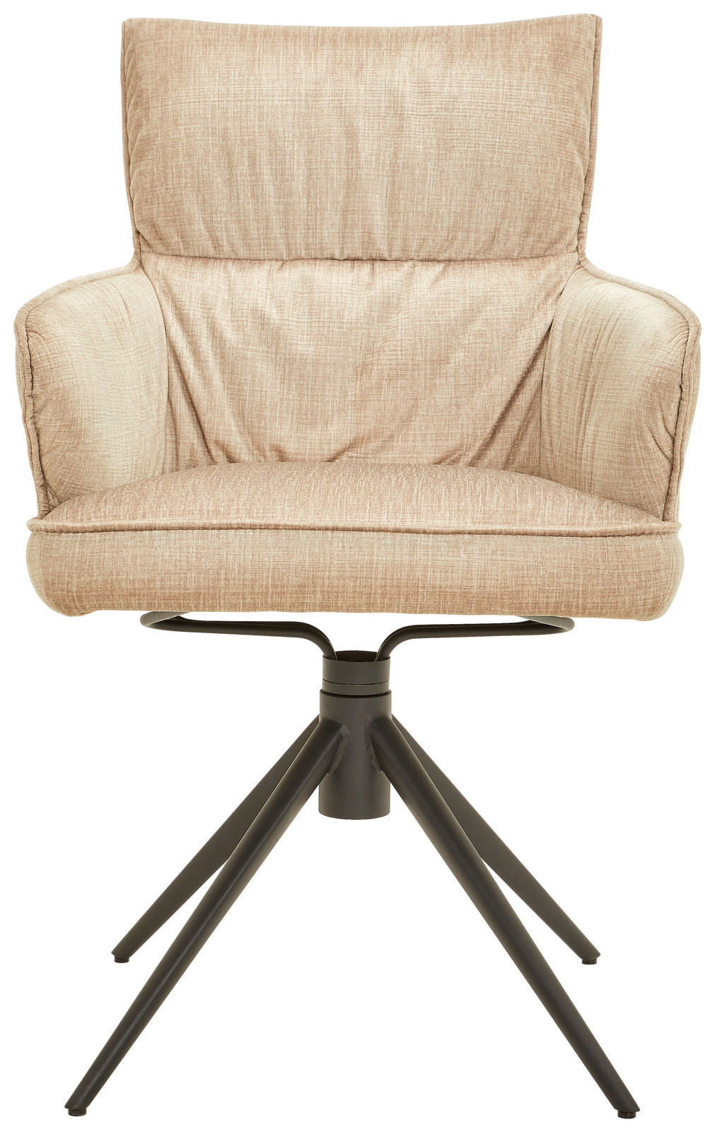 Beiger Armlehnstuhl mit gepolstertem Sitz und Rückenlehne, schwarzes Metallgestell, Frontalansicht