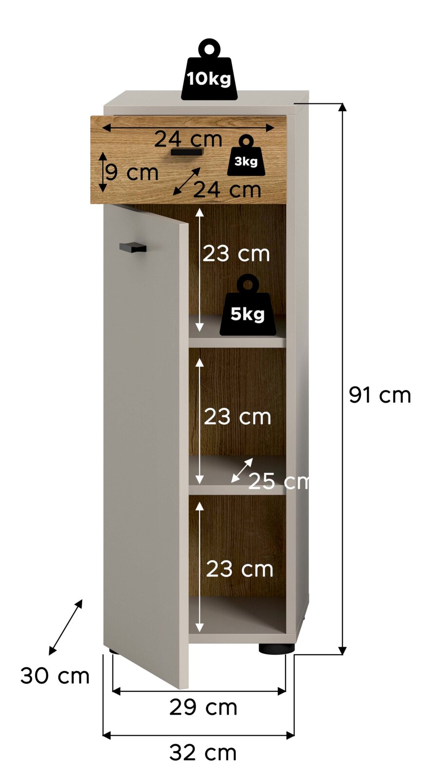 Schmaler Badezimmerschrank in Weiß mit Holzoptik-Schubladenfront und geöffneter Tür, Innenfächer sichtbar, Maße und Belastbarkeit (91 cm hoch, ca. 32 cm breit, 30 cm tief) eingeblendet, Ansicht schräg von vorn links.