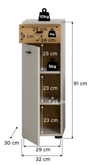 Schmaler Badezimmerschrank in Weiß mit Holzoptik-Schubladenfront und geöffneter Tür, Innenfächer sichtbar, Maße und Belastbarkeit (91 cm hoch, ca. 32 cm breit, 30 cm tief) eingeblendet, Ansicht schräg von vorn links.