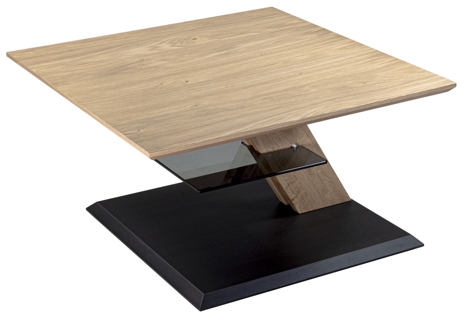 Moderner Couchtisch mit Holzplatte, schrägem Holzfuß und schwarzem Glasregal, seitliche Perspektive